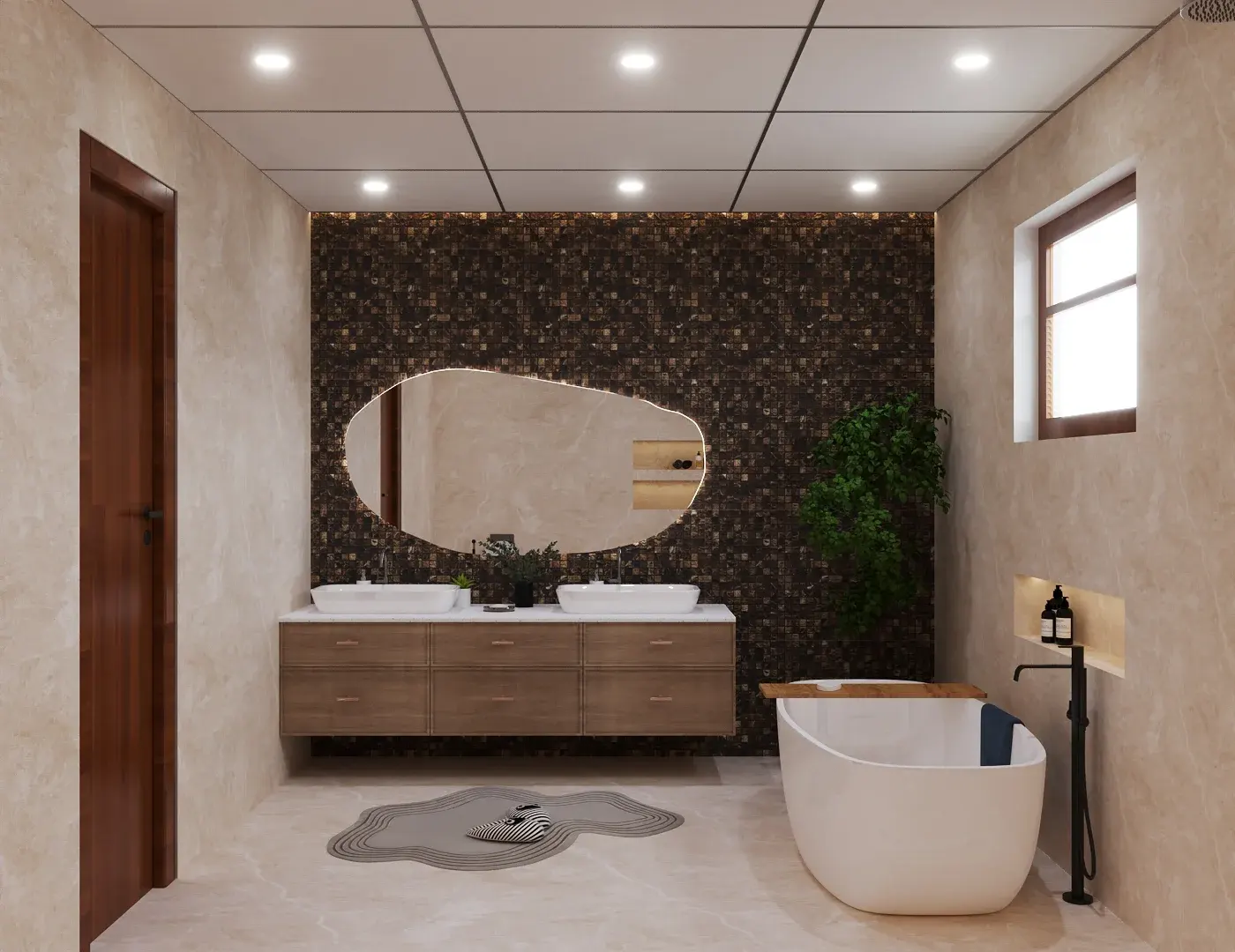 luxury bathroom interior design with bathtub, customized mirror