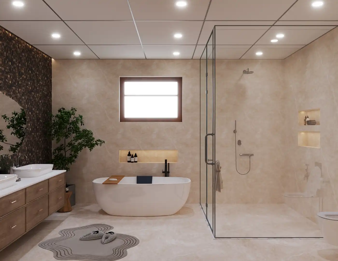 A modern bathroom Interior Design with storage space and natural plants in Bangalore by Interiosplash Interior Design Company