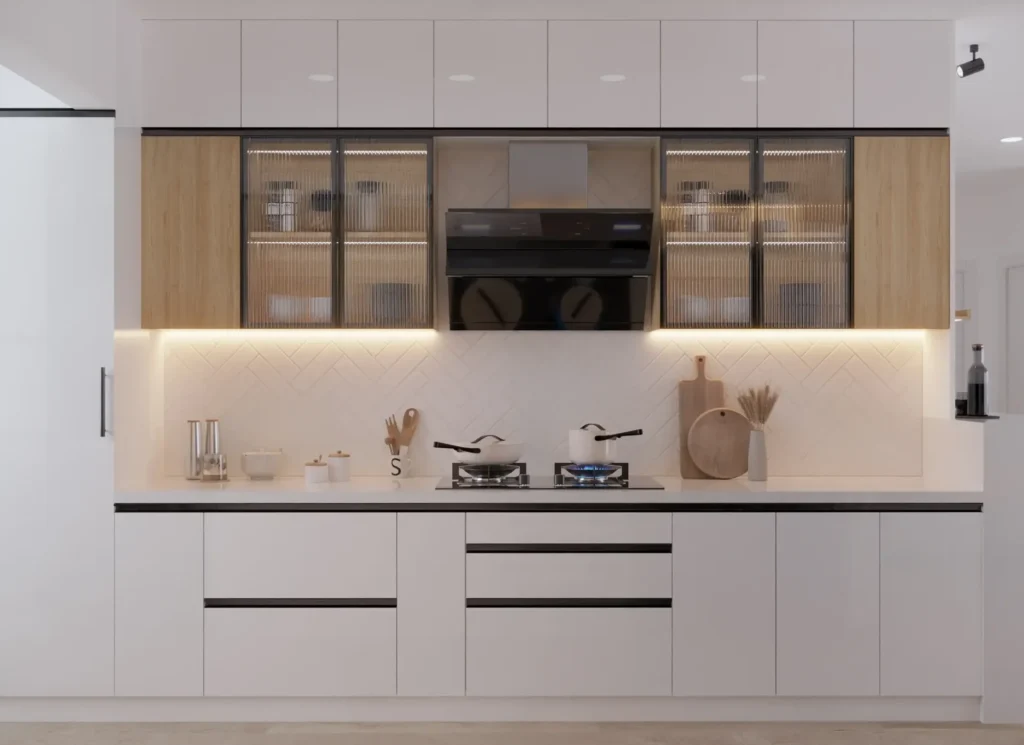 A modern kitchen Interior Design unit with a chimney by Interiosplash Interior Design Company