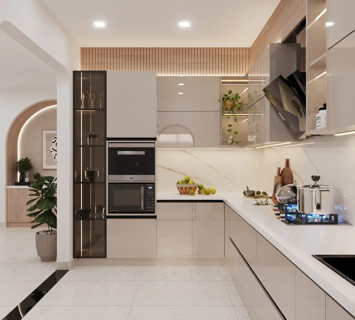 A modular kitchen Interior Design with an aesthetic chimney in Bangalore by Interiosplash interior design company