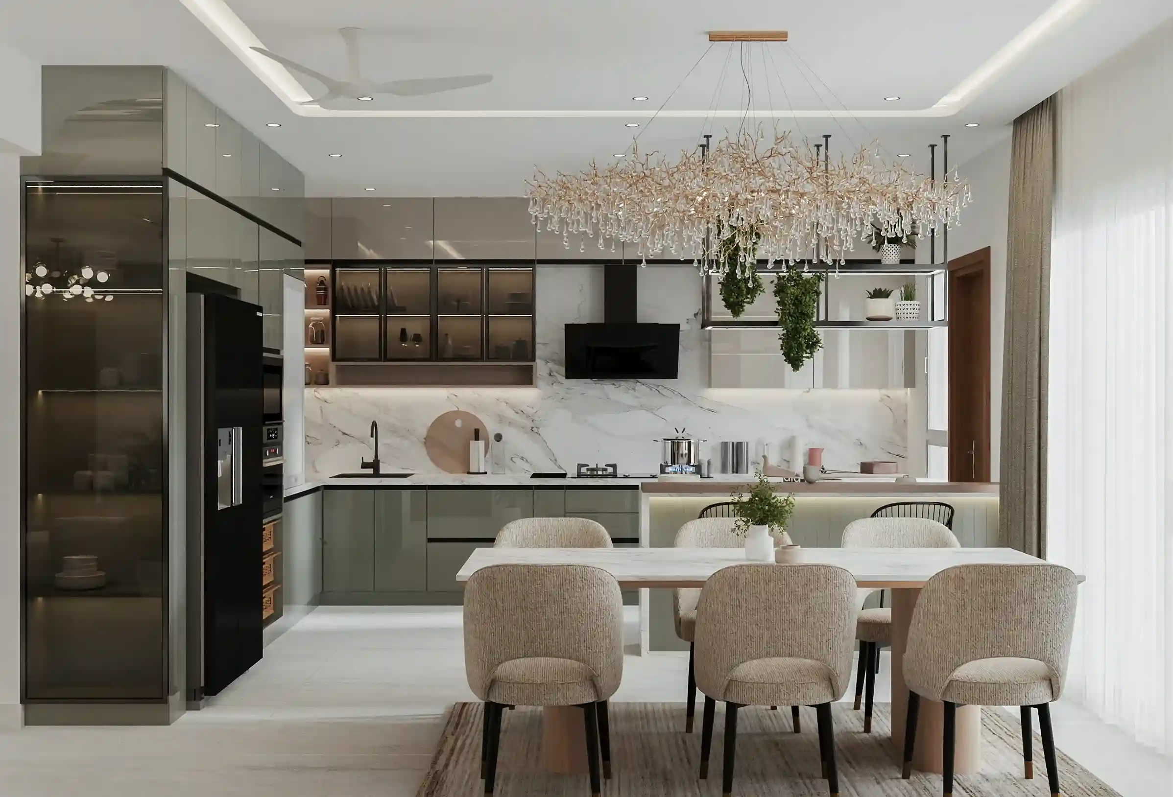 A functional modern kitchen Interior Design with hanging light in Bangalore by Interiosplash interior design company