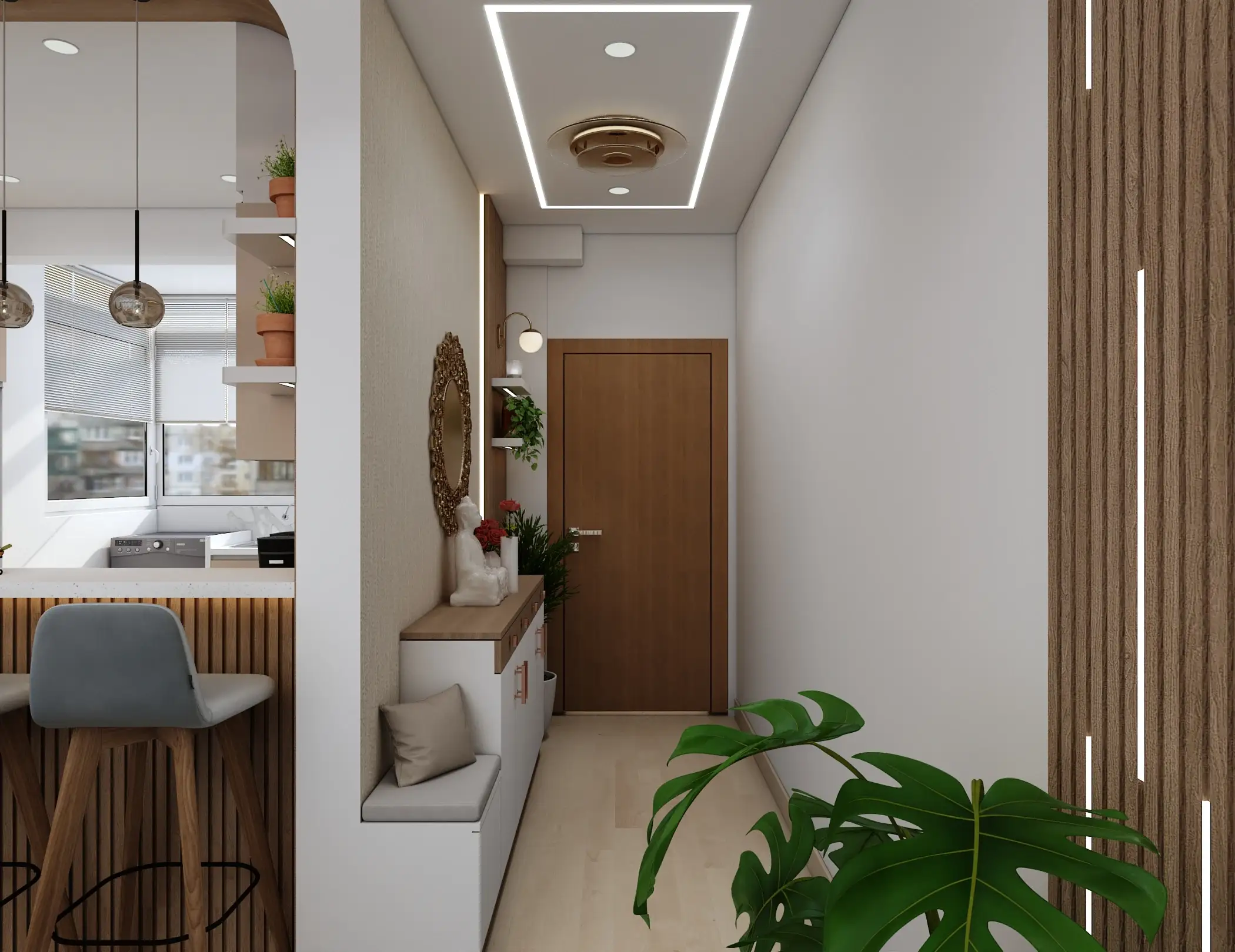 A modern hallway featuring a wooden door, plants, stylish seating, and a lit ceiling, leading to a kitchen area.