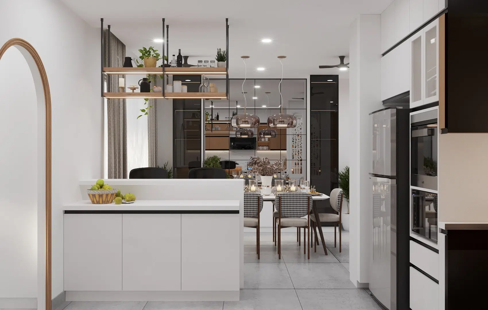 A modern kitchen with sleek white cabinetry, a dining area featuring elegant decor, and stylish pendant lights overhead.