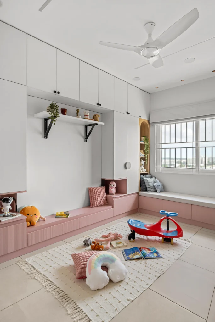 Here is the image of the same kid's bedroom where the cozy bed seamlessly tucked into the wall, transforming this bedroom into a spacious playroom for the kid. Beyond just aesthetic value this convertible bed protects kids from accidental fall and even unwanted mess.